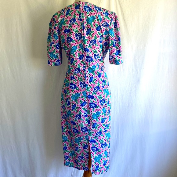 Vintage 1980s Pink Polka Dot Floral Cocktail Dress Sz 10 - Picture 3 of 12